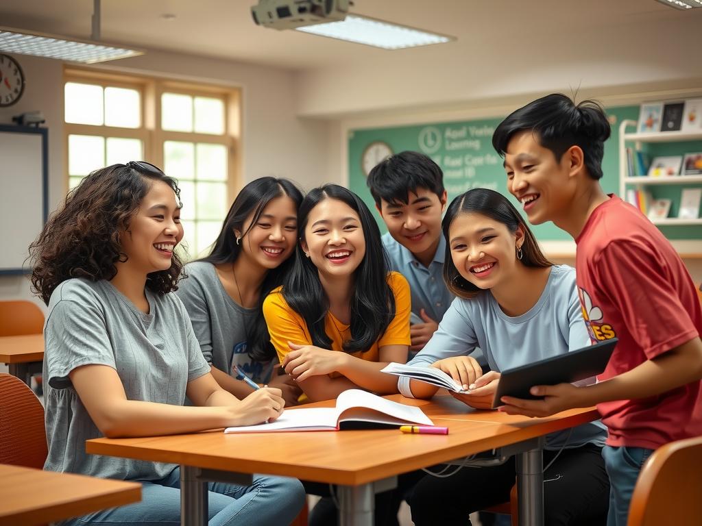 Học sinh học nhóm với sự hỗ trợ của AI, tạo nên niềm vui học tập