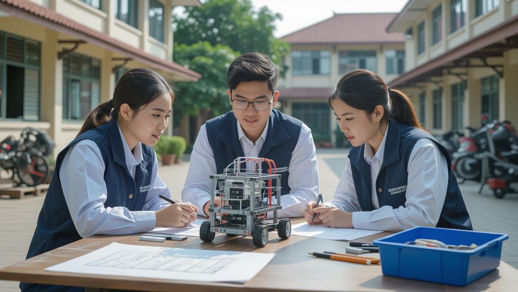 Cảnh quan công nghiệp sáng tạo tại trường Đại học Kinh tế Kỹ thuật Công nghiệp, nơi các ý tưởng kinh doanh và kỹ thuật được hiện thực hóa một cách hấp dẫn.