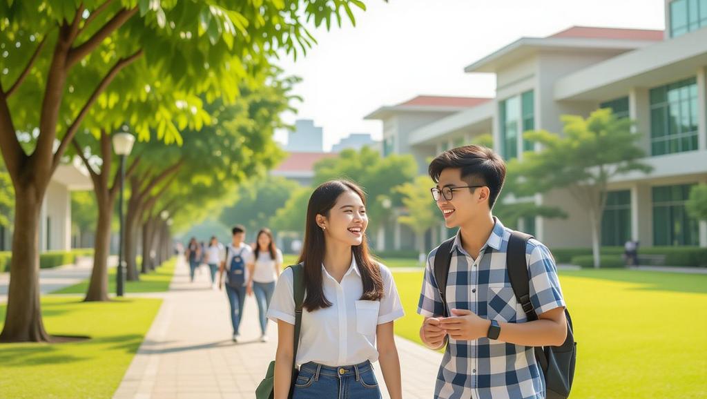 Cảnh quan xanh tươi của khuôn viên trường Đại học Công nghiệp Thực phẩm TP HCM, nơi lý tưởng cho học tập, giao lưu và thư giãn giữa các hoạt động học thuật.