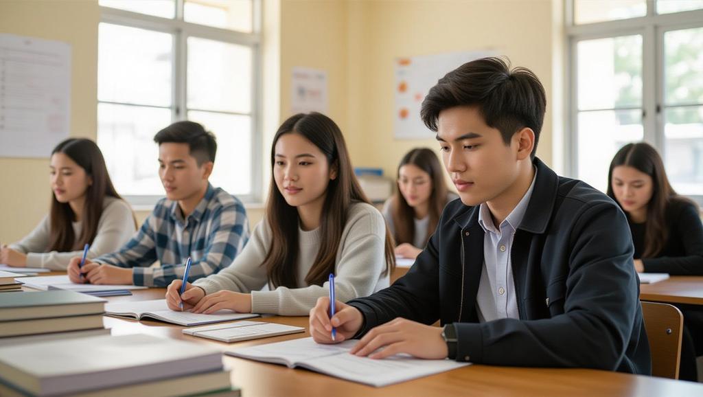 Cảnh sinh viên tập trung học tập trong lớp học tại Hutech, thể hiện môi trường giáo dục chất lượng và sự nhiệt huyết của cuộc sống đại học.
