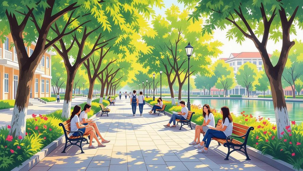 Khuôn viên xanh tươi của Đại học Văn Lang cơ sở 2 mang lại cảm giác thư giãn, nơi học sinh có thể tận hưởng không khí trong lành và tham gia các hoạt động ngoài trời.