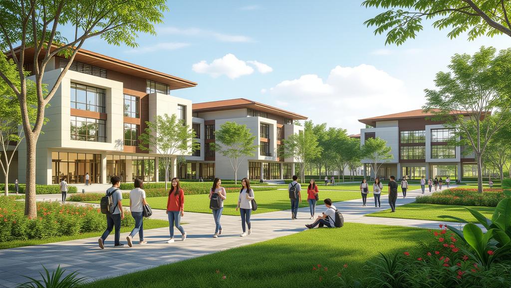 Khuôn viên xanh tươi của Trường Đại học Tây Nguyên, gợi lên không gian lý tưởng để khám phá kiến thức và kết nối bạn bè.