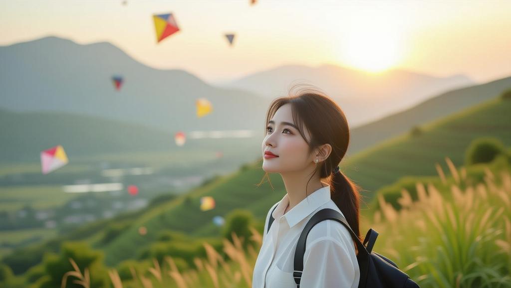 Một người trẻ Việt Nam đang suy tư bên khung cảnh diều bay, truyền cảm hứng cho việc sáng tác văn học lớp 10 về cánh diều.
