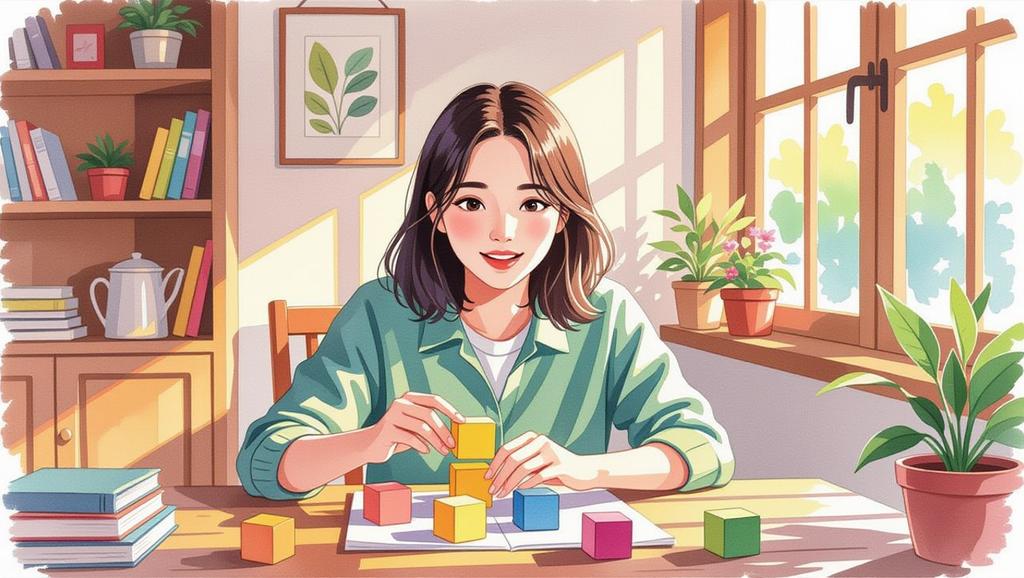 Một thanh niên Việt Nam đang quan sát các vật thể hình vuông, liên kết với ý tưởng về số chính phương, khuyến khích sự khám phá toán học sáng tạo.