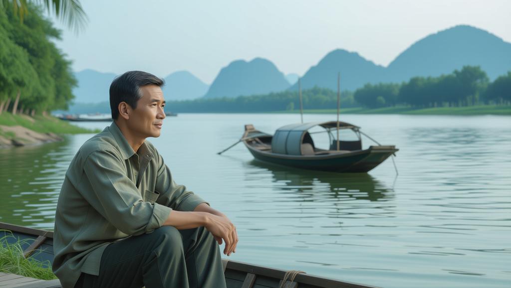 Người lái đò nghỉ ngơi bên bờ sông Đà, chiêm ngưỡng vẻ đẹp thiên nhiên hùng vĩ sau những chuyến vượt sông đầy gian khổ và thử thách.